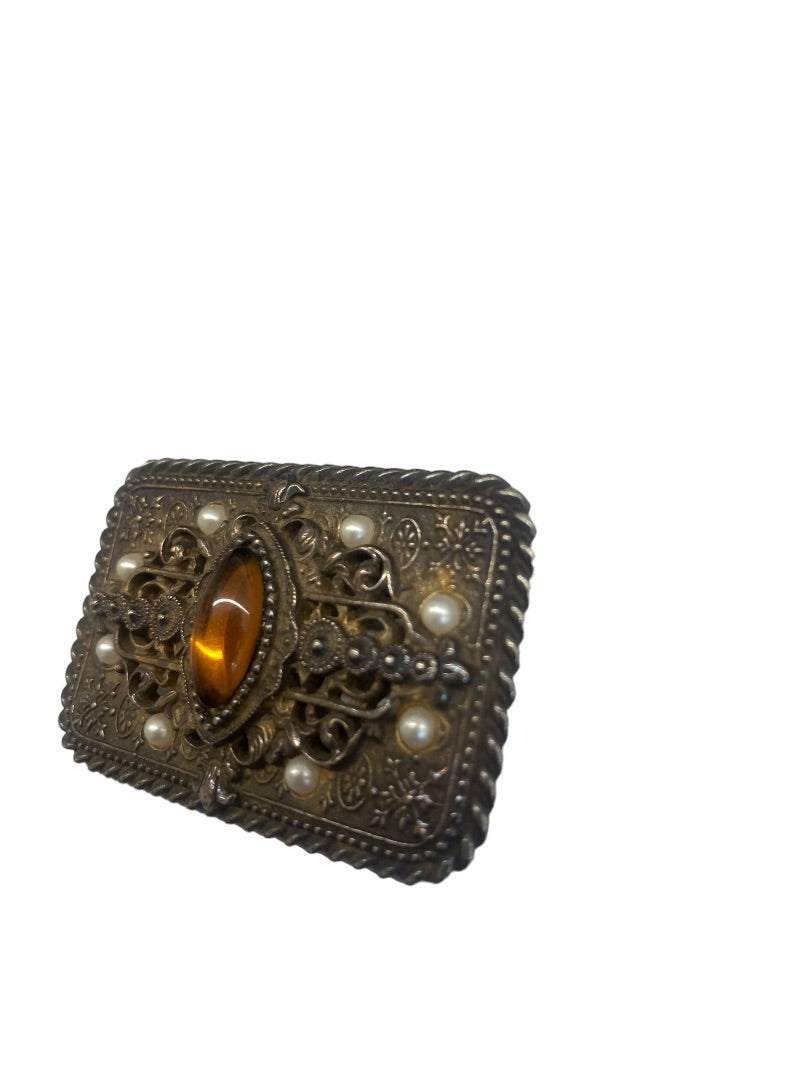 VINTAGE Large Faux Pearl and Stone Glass Orange Cabochon Brooch Pin
