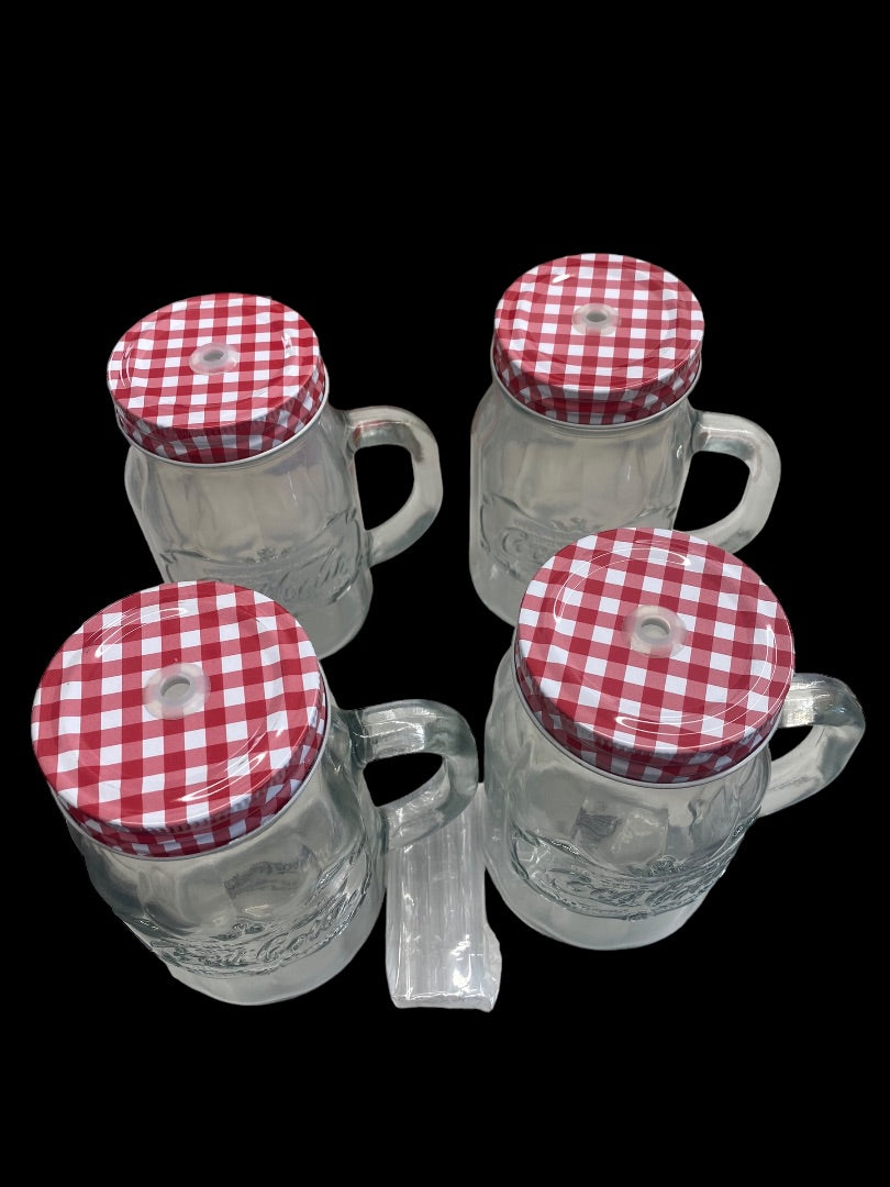 Vintage Coca-Cola Country Classic 4pc 20oz Mason Jar W/Lids & Straw Clear Emboss