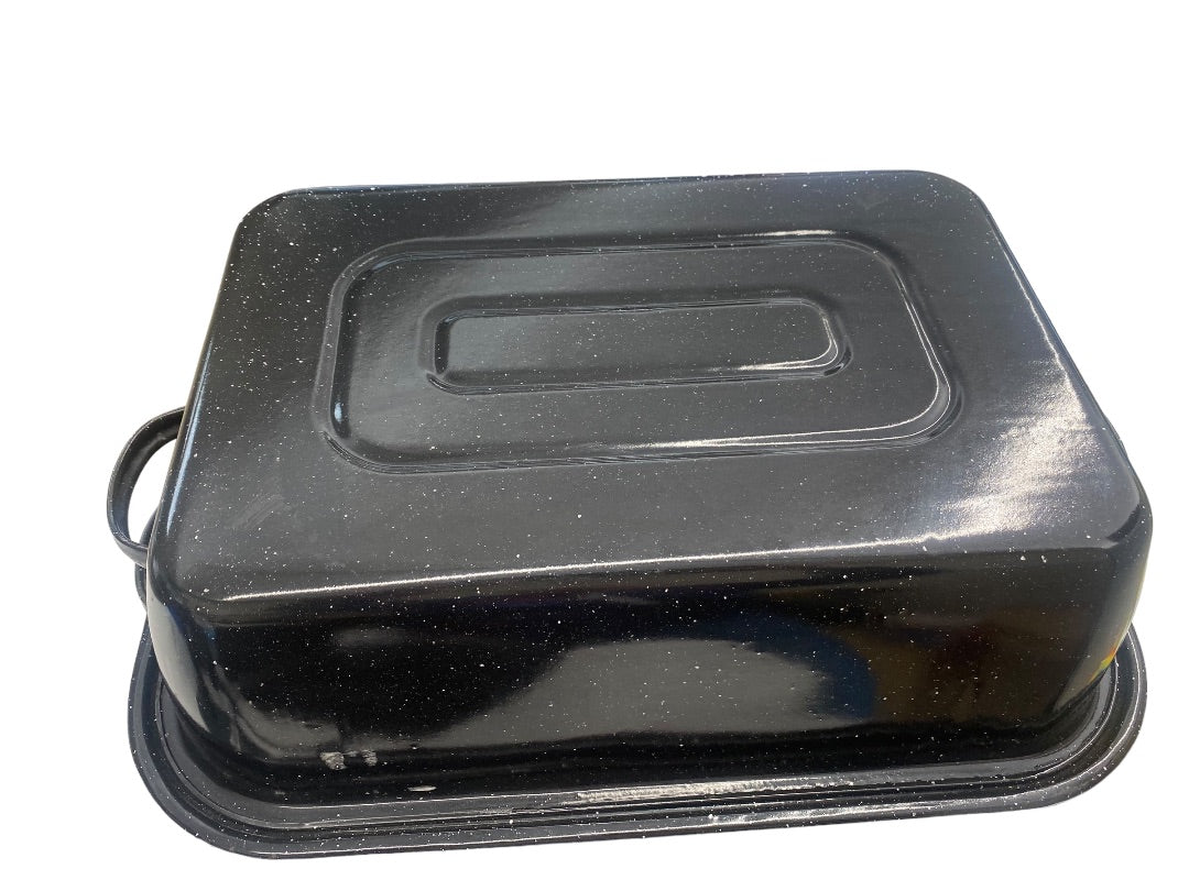 Vintage 16 in Rectangle Roaster Black Specked Enamel with Lid