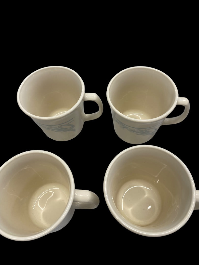 Corning Corelle Beige Coffee Cup Blue Leaf Flower Pattern Retired Set of 4