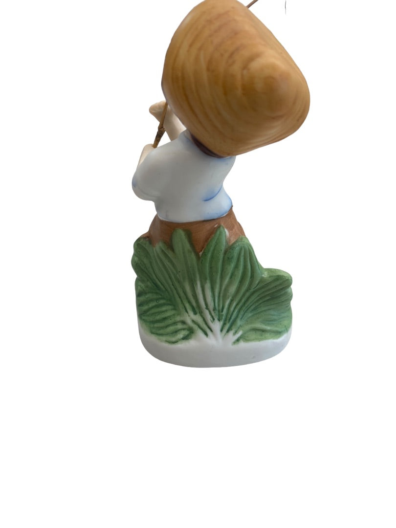 Vintage Ceramic Boy Fishing Poll with Hook Standing in Grass Made in Korea