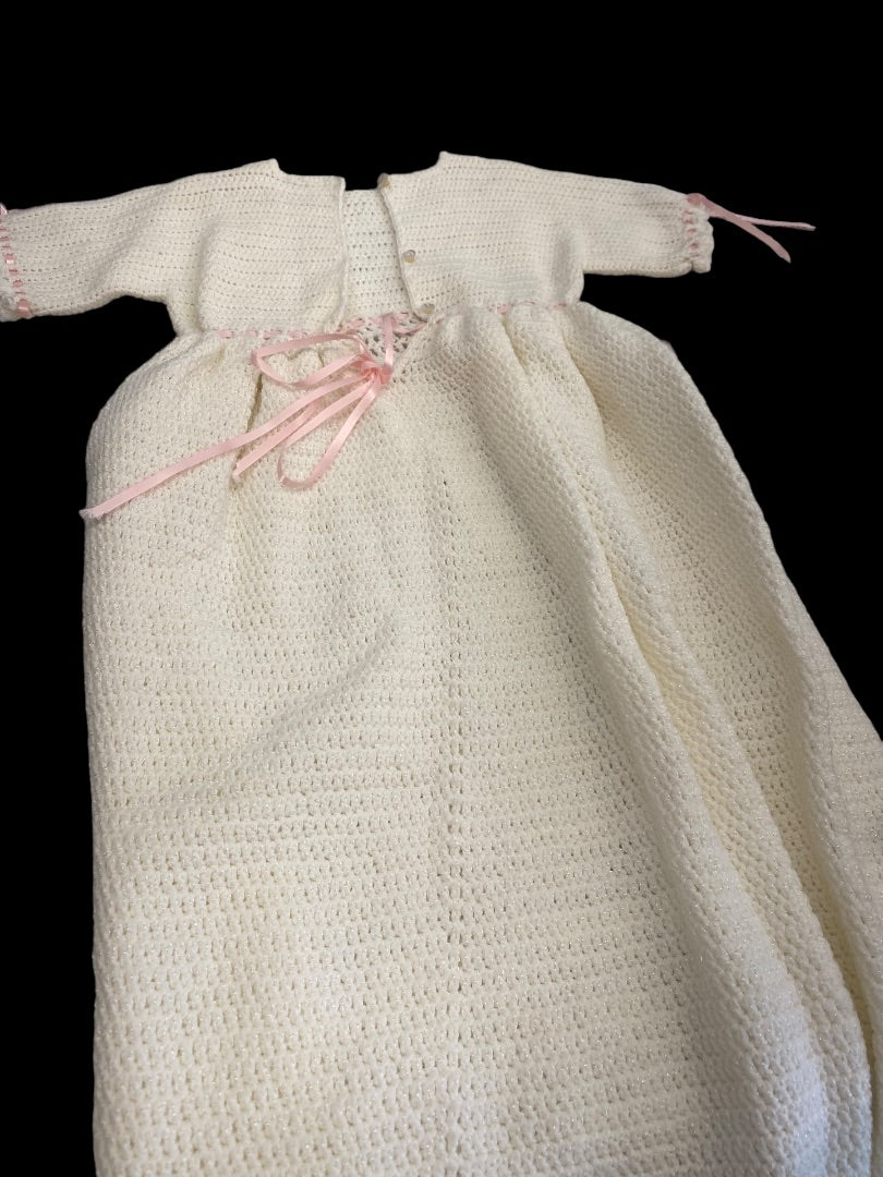 Handmade Crochet Baby Baptismal Gown Dress White Pink Ribbon