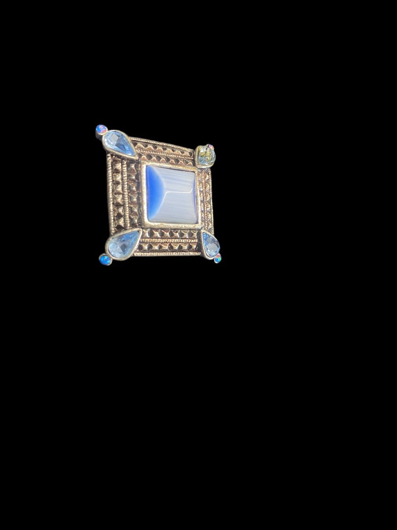 VINTAGE Silver Tone Square Blue Stone Brooch Pin