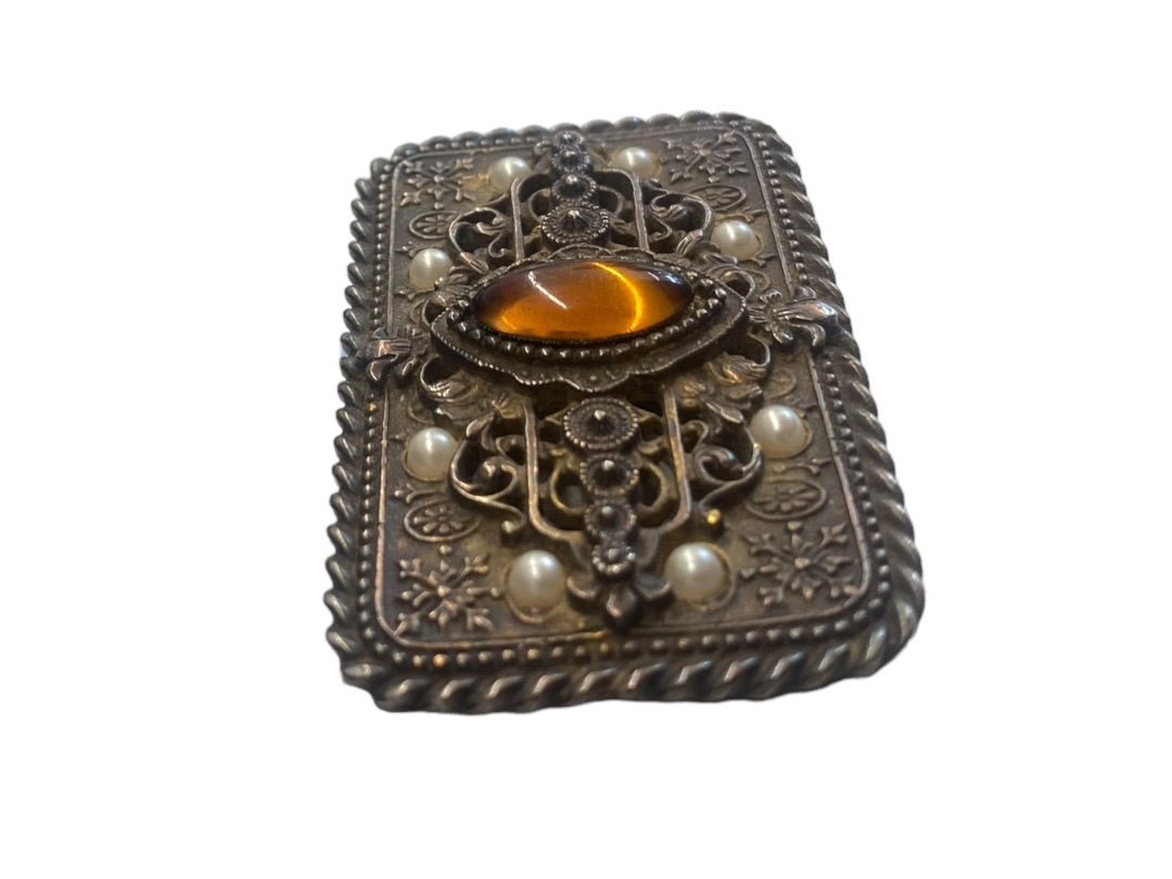 VINTAGE Large Faux Pearl and Stone Glass Orange Cabochon Brooch Pin