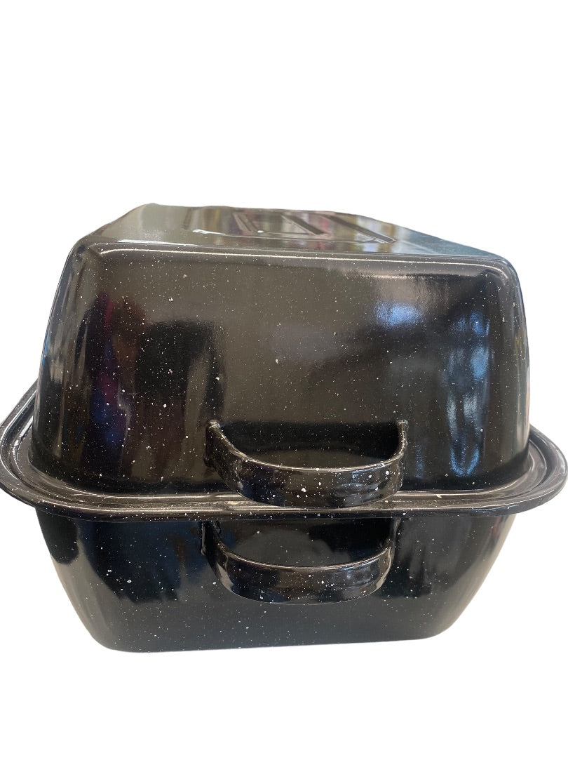 Vintage 16 in Rectangle Roaster Black Specked Enamel with Lid