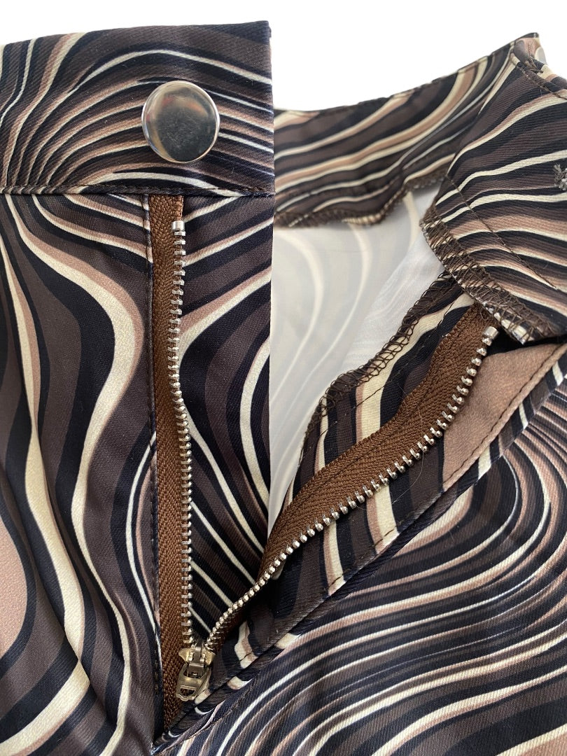 Brown & Black Swirl Printed Flare Legged Pants sz Small Retro Looking