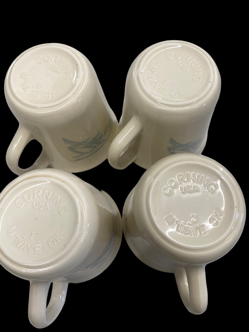 Corning Corelle Beige Coffee Cup Blue Leaf Flower Pattern Retired Set of 4