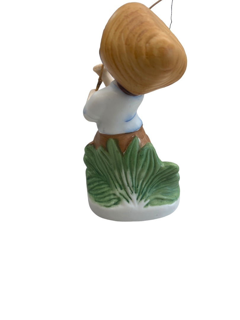 Vintage Ceramic Boy Fishing Poll with Hook Standing in Grass Made in Korea