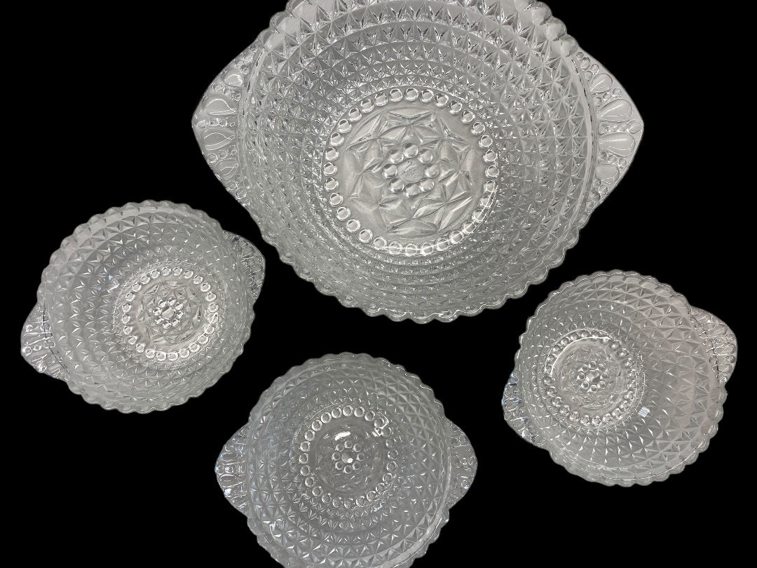 Clear Crystal Cut Diamond Double Handled Bowl Set