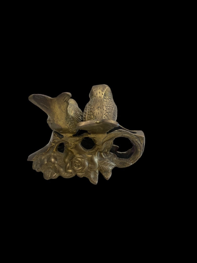 Vintage 1960s Brass Love Birds Perched On A Branch With Flowers Figurine