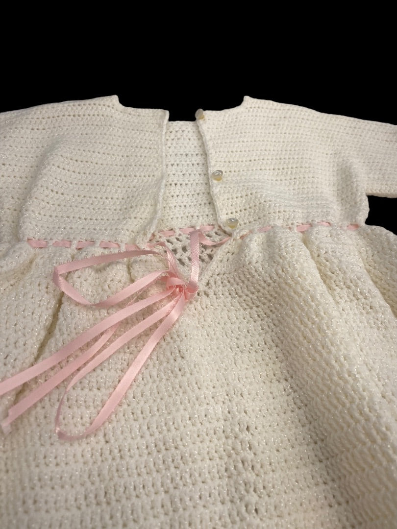 Handmade Crochet Baby Baptismal Gown Dress White Pink Ribbon