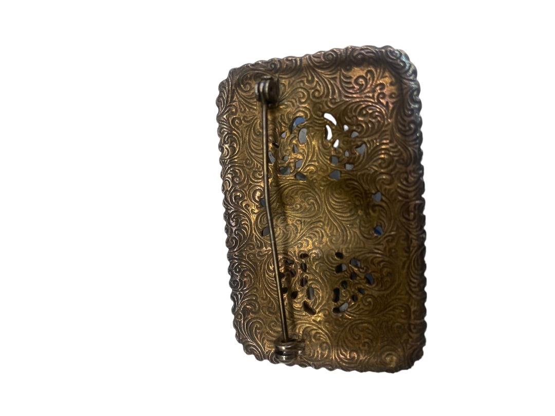 VINTAGE Large Faux Pearl and Stone Glass Orange Cabochon Brooch Pin