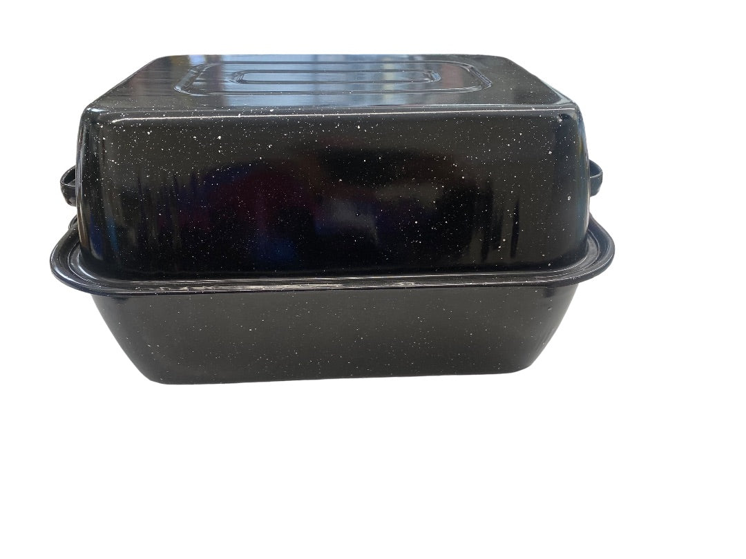 Vintage 16 in Rectangle Roaster Black Specked Enamel with Lid