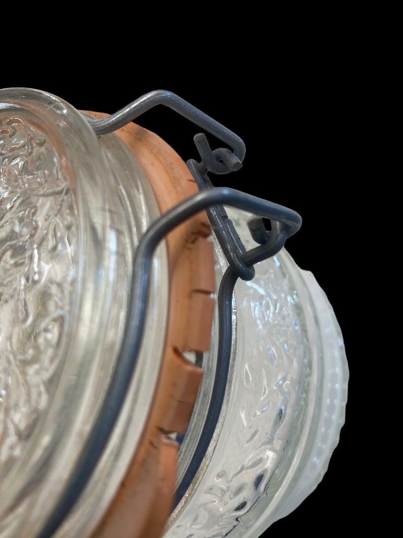 VINTAGE Italian Floral Cove Glass Metal Handle Jar with Rubber Seal