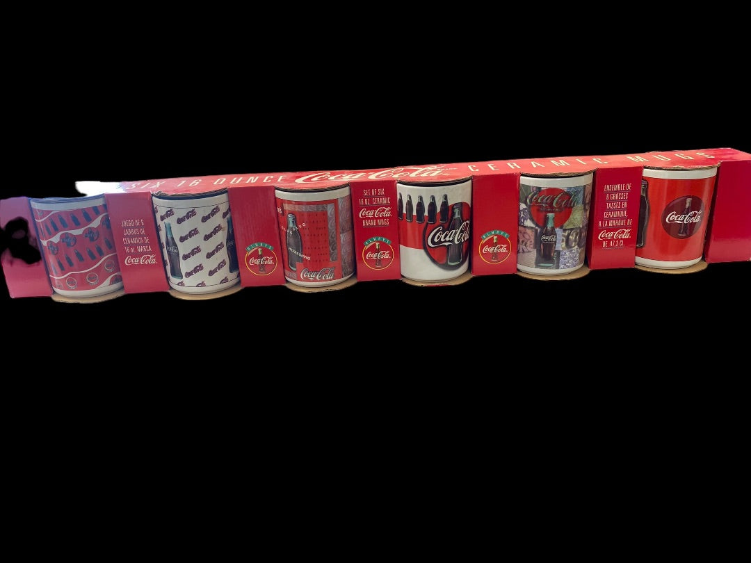 VINTAGE Set 6 Coca-Cola Coke Collectible 16oz Ceramic 1996 Mugs Cups in Box