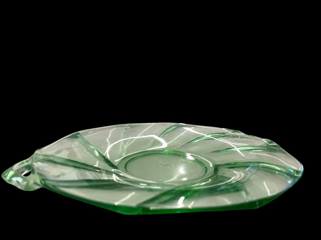 VINTAGE Green Depression Glass Plate with Handles