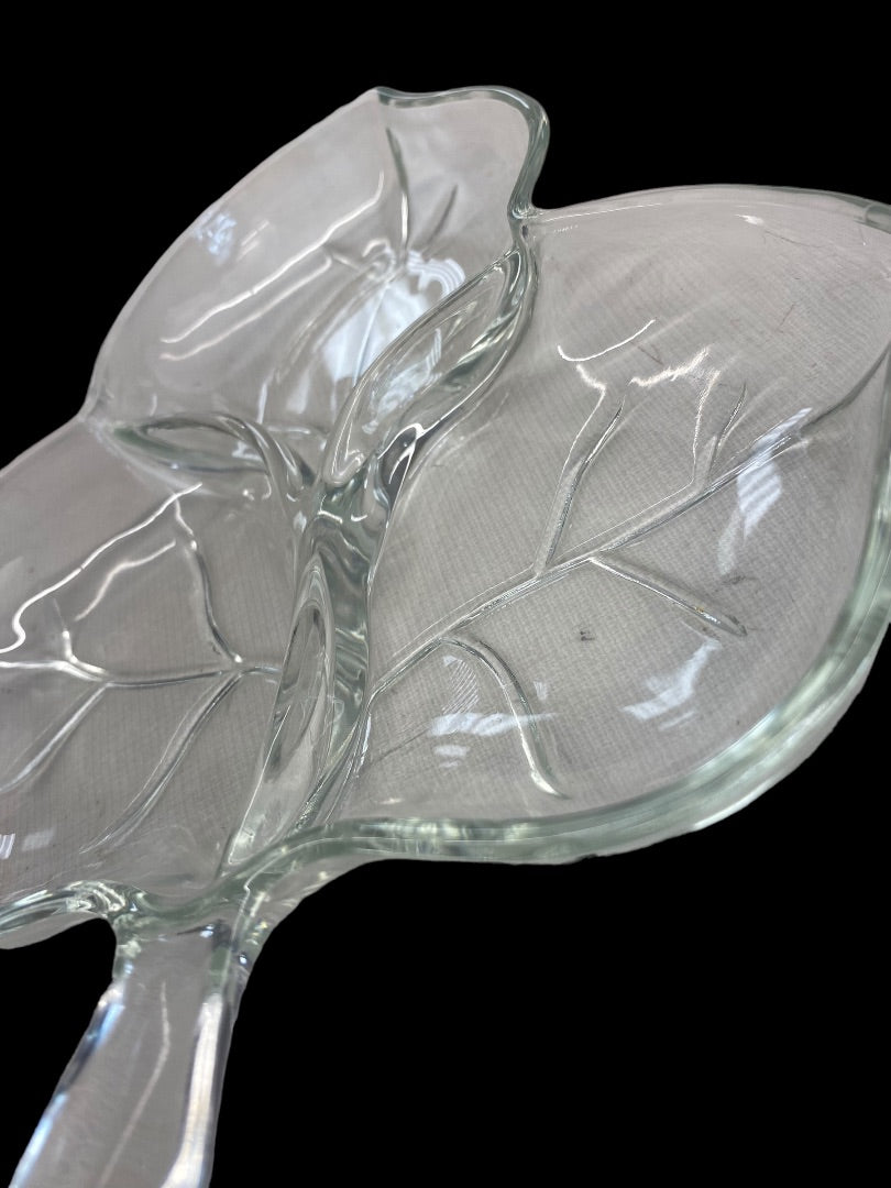 Vintage Clear Glass Leaf Candy Nut Dish Plate