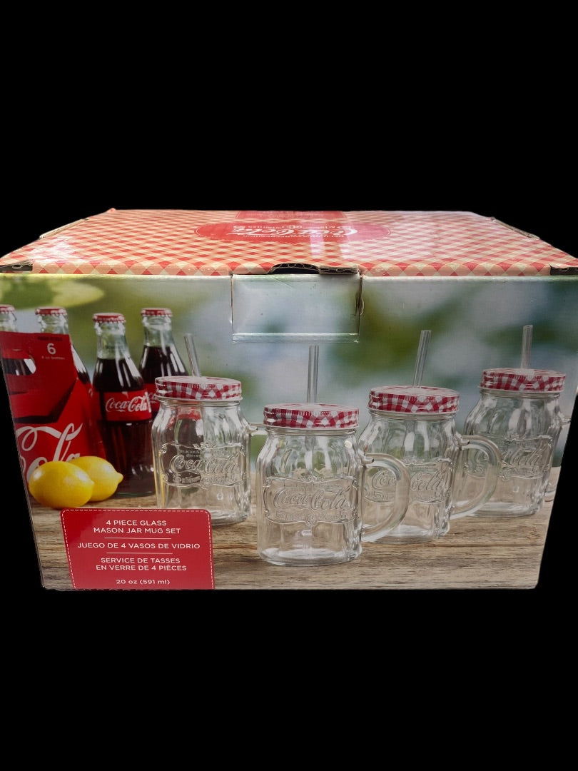 Vintage Coca-Cola Country Classic 4pc 20oz Mason Jar W/Lids & Straw Clear Emboss
