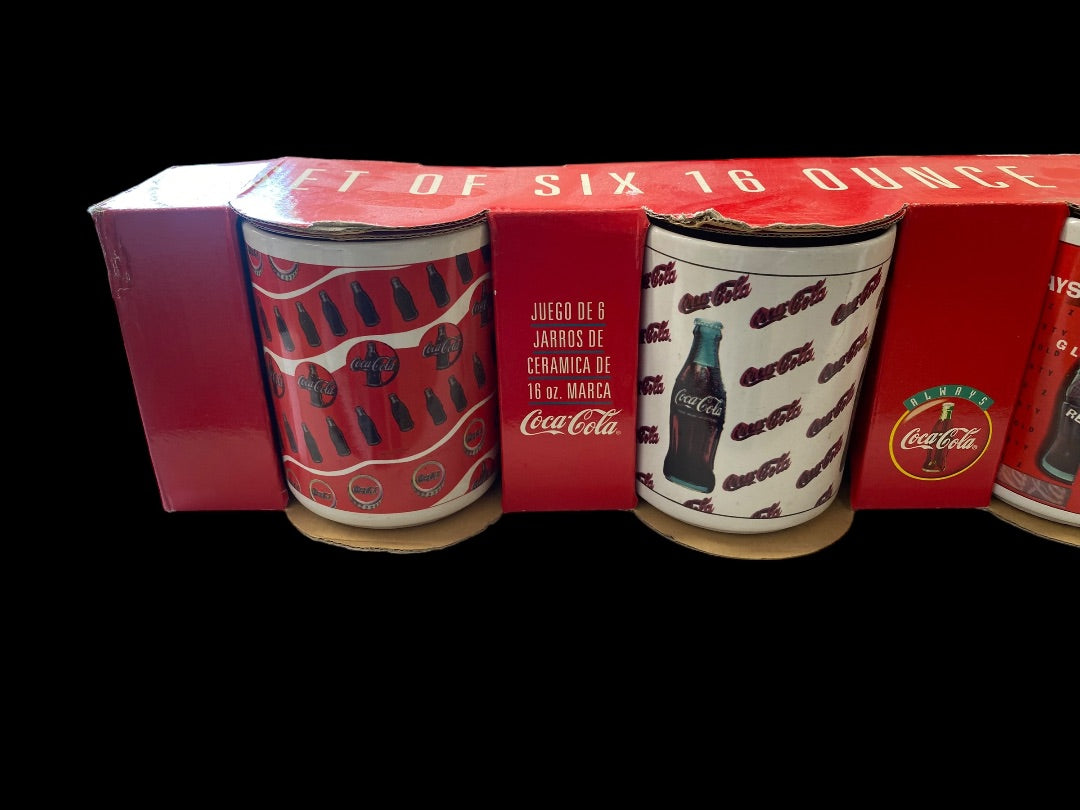 VINTAGE Set 6 Coca-Cola Coke Collectible 16oz Ceramic 1996 Mugs Cups in Box