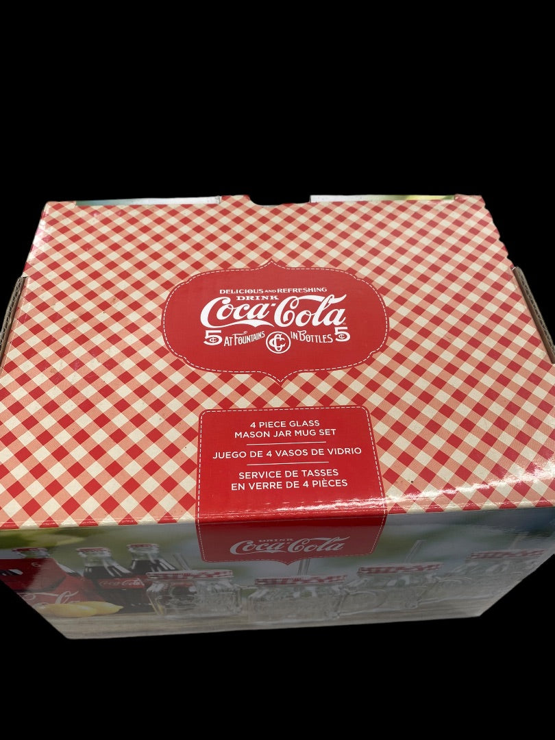 Vintage Coca-Cola Country Classic 4pc 20oz Mason Jar W/Lids & Straw Clear Emboss