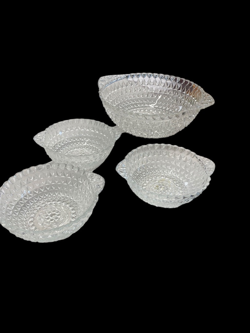 Clear Crystal Cut Diamond Double Handled Bowl Set