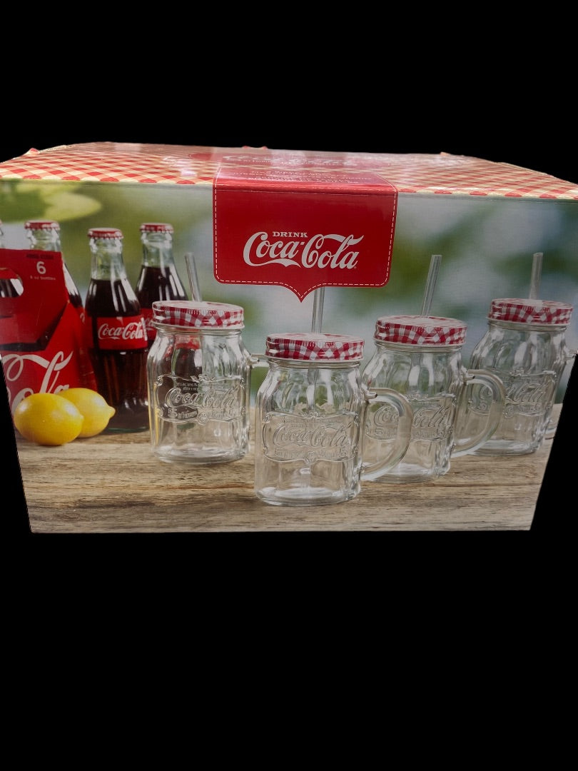 Vintage Coca-Cola Country Classic 4pc 20oz Mason Jar W/Lids & Straw Clear Emboss