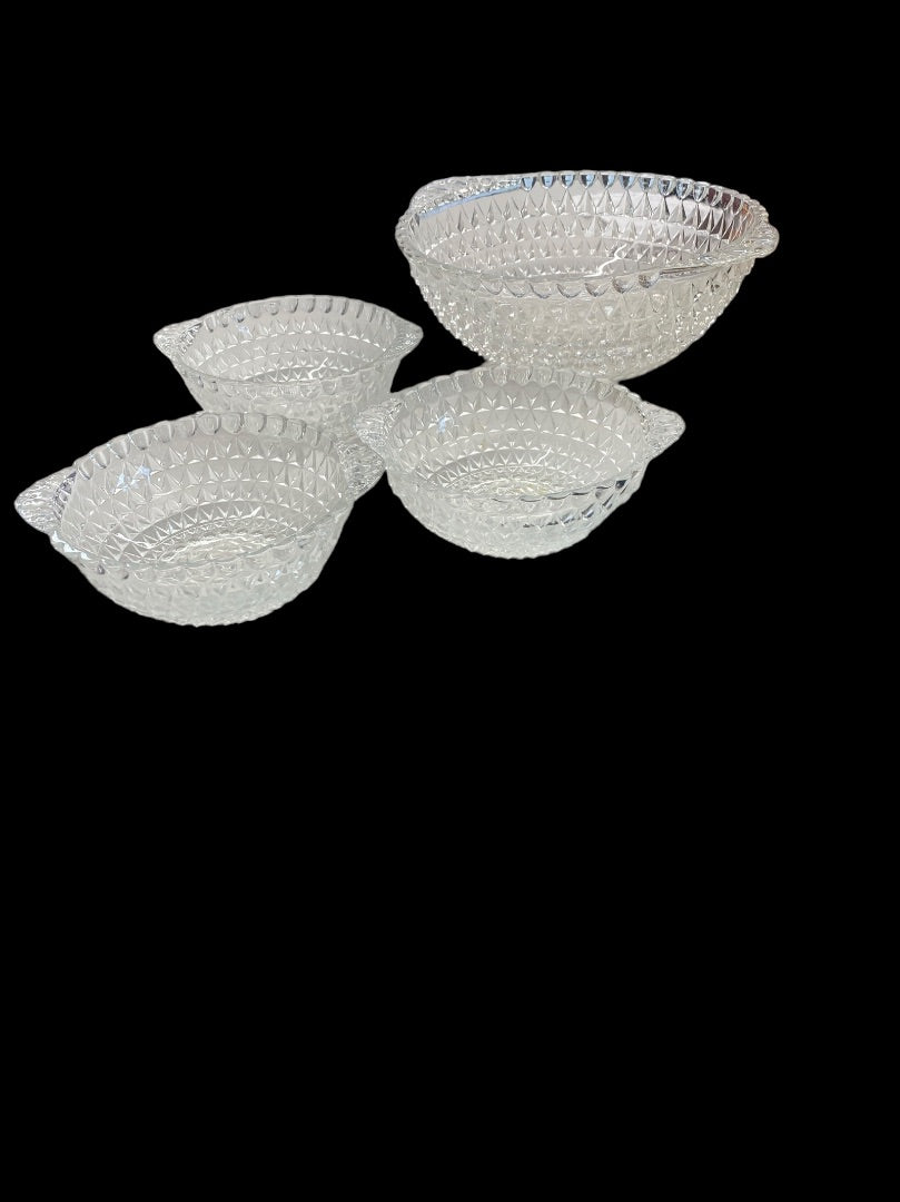 Clear Crystal Cut Diamond Double Handled Bowl Set