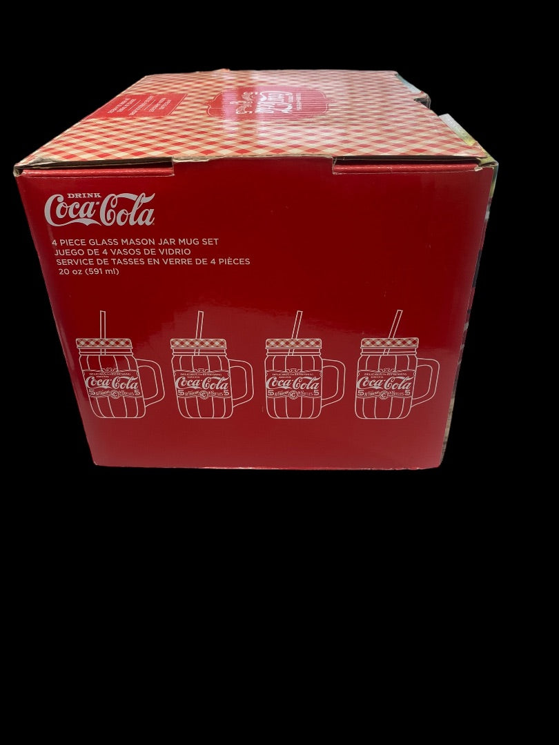 Vintage Coca-Cola Country Classic 4pc 20oz Mason Jar W/Lids & Straw Clear Emboss