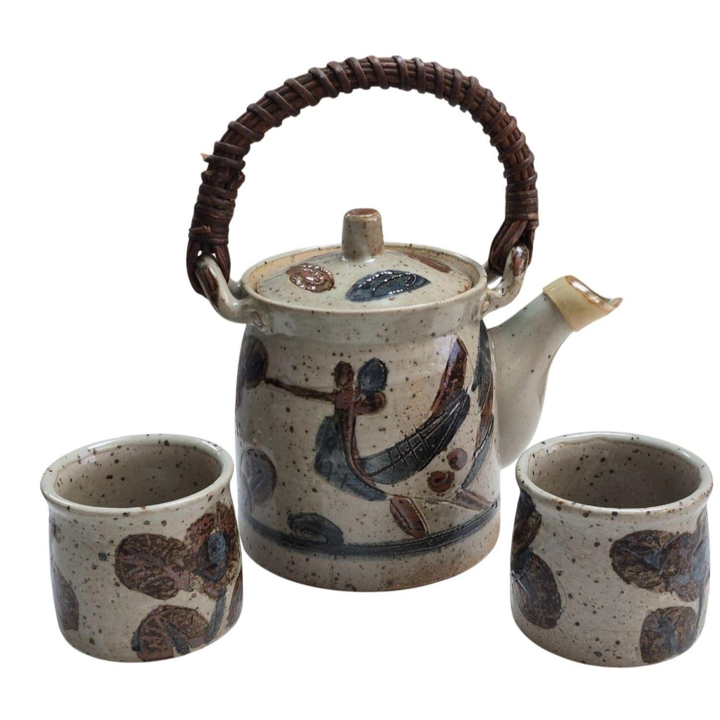 Vintage Japan Tea Set Flower Design Rattan Handle