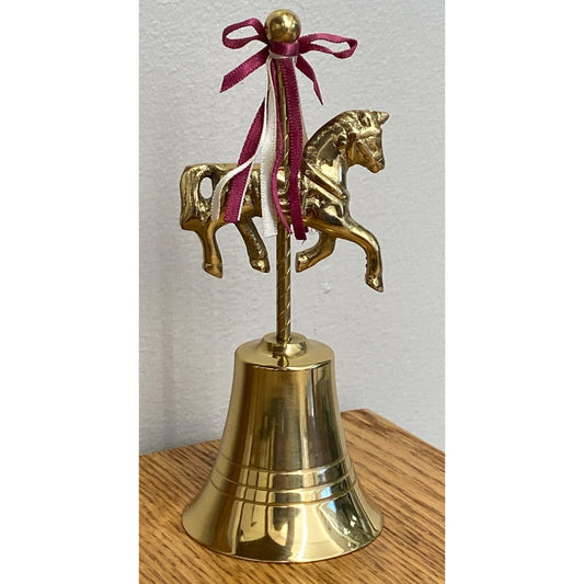 Vintage Brass Equestrian Figurine Bell With Horse & Ribbon Accent