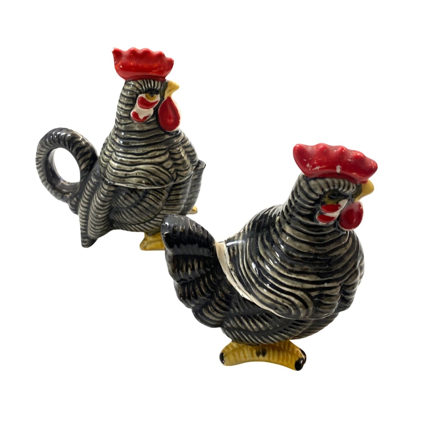 Vintage Ceramic Rooster Creamer & Sugar Salt and Pepper Shaker Set Black/Red/Yellow