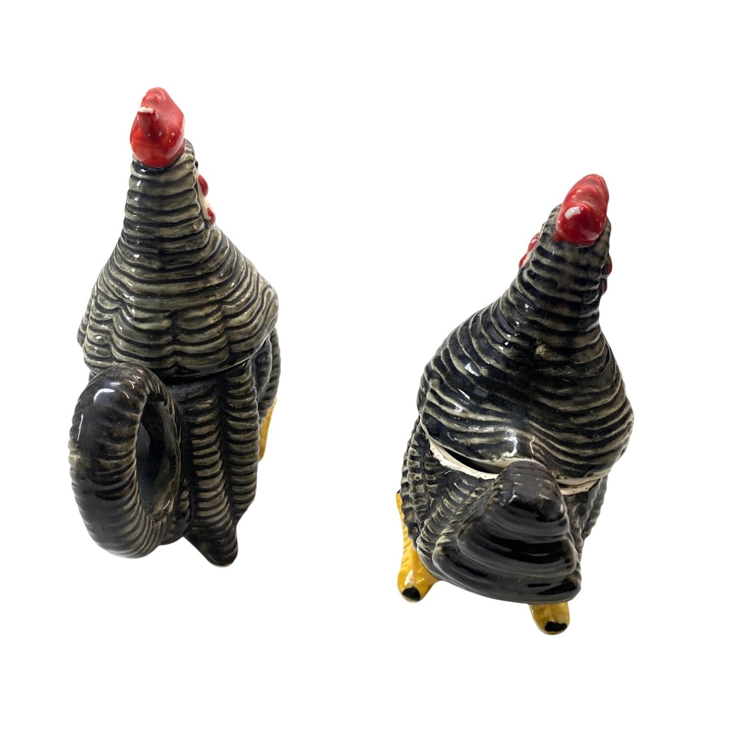 Vintage Ceramic Rooster Creamer & Sugar Salt and Pepper Shaker Set Black/Red/Yellow