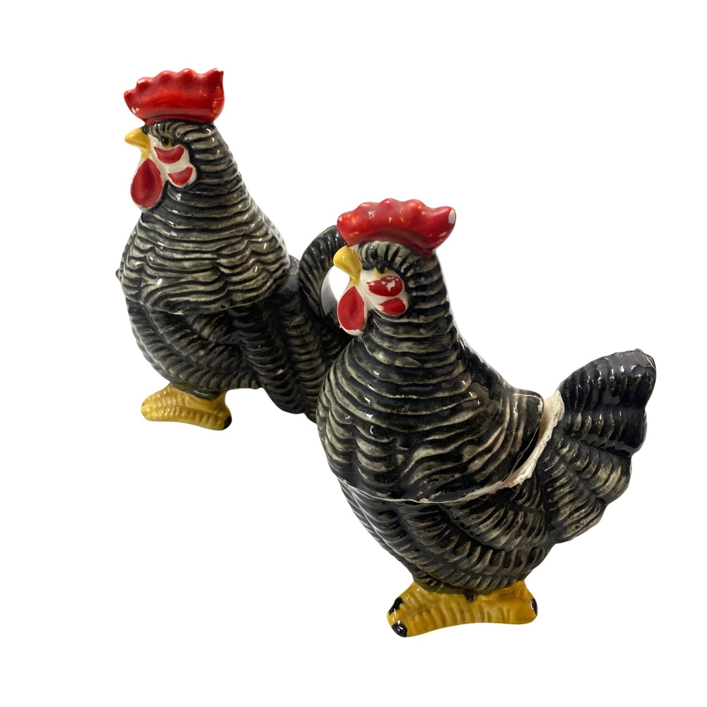 Vintage Ceramic Rooster Creamer & Sugar Salt and Pepper Shaker Set Black/Red/Yellow