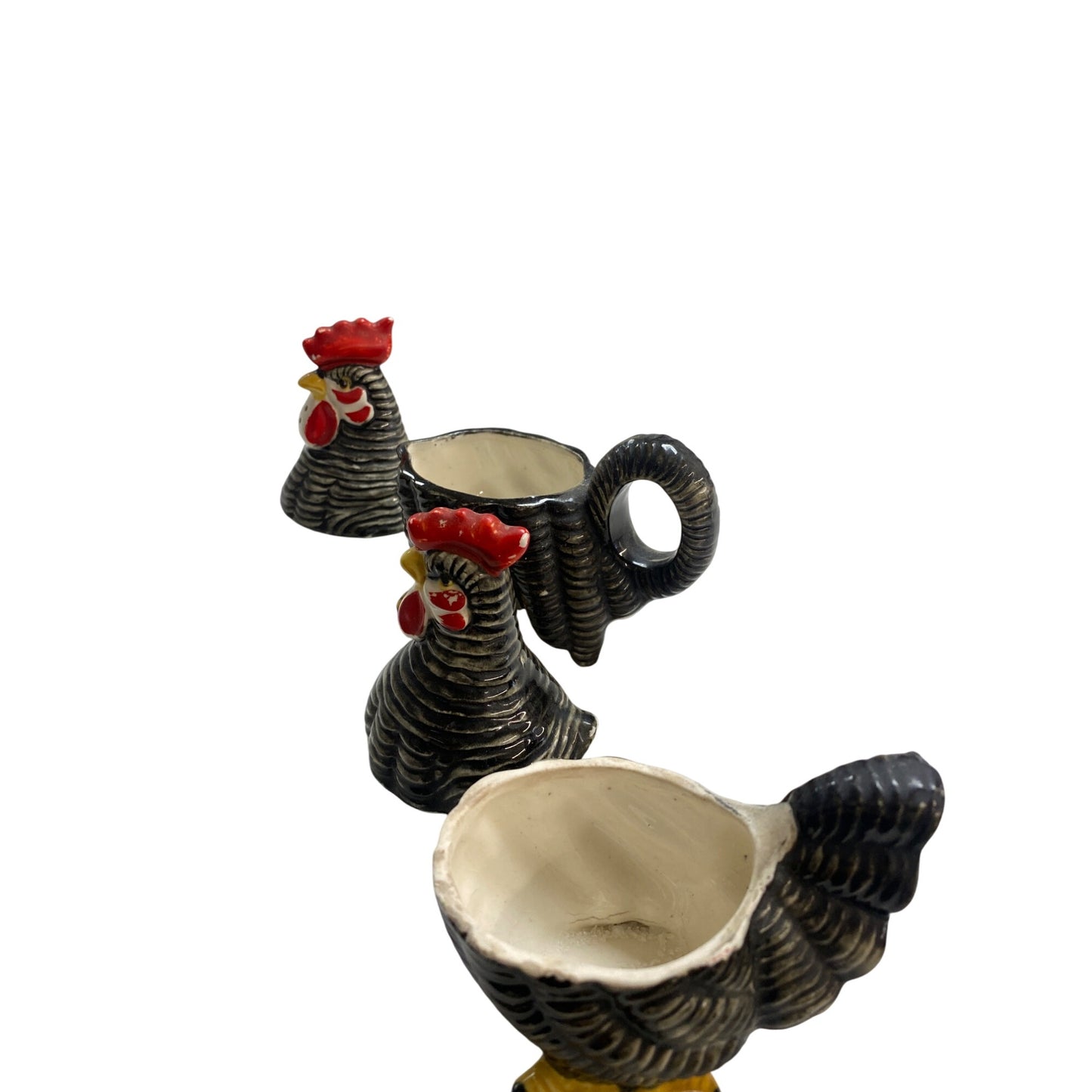 Vintage Ceramic Rooster Creamer & Sugar Salt and Pepper Shaker Set Black/Red/Yellow