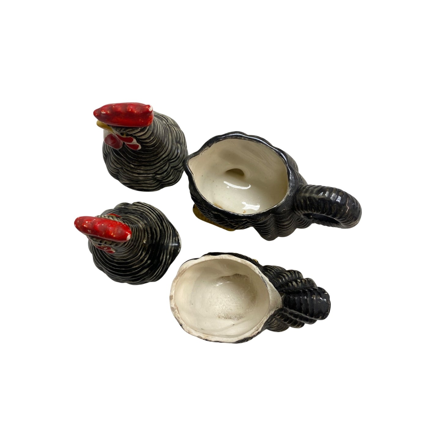 Vintage Ceramic Rooster Creamer & Sugar Salt and Pepper Shaker Set Black/Red/Yellow