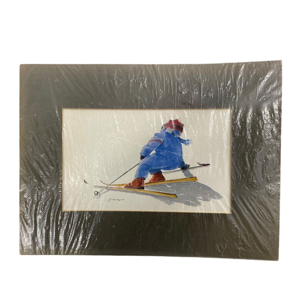 Vintage Watercolor Print J.C. Hussey 1972 Winter Scenes Children Playing Snow Sled Art Set 4