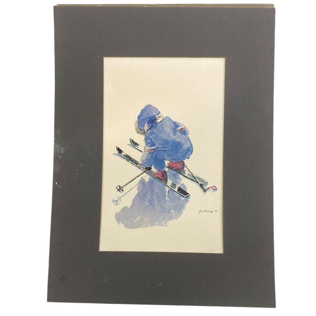 Vintage Watercolor Print J.C. Hussey 1972 Winter Scenes Children Playing Snow Sled Art Set 4