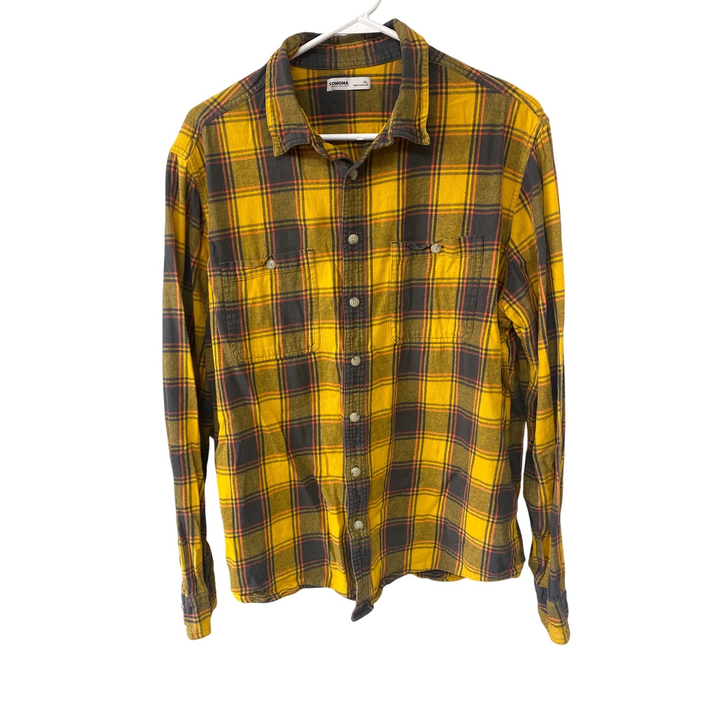 Sonoma Yellow & Blue Plaid Button-Down Flannel Shirt XL Mens Comfortable Casual Wear