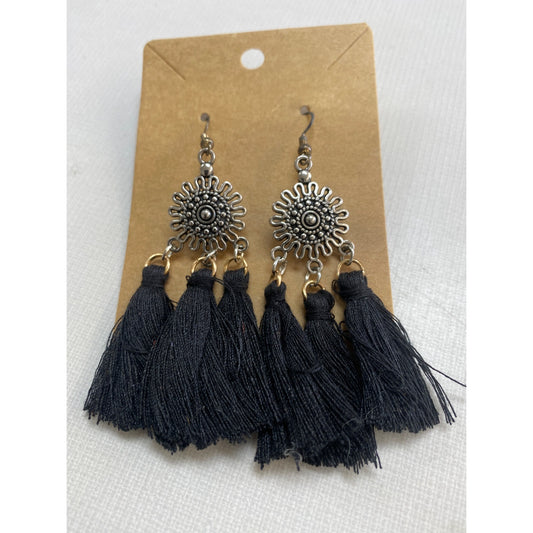 New Handmade Fan Tassel Silver Sun Earrings Boho Jewelry Black Thread