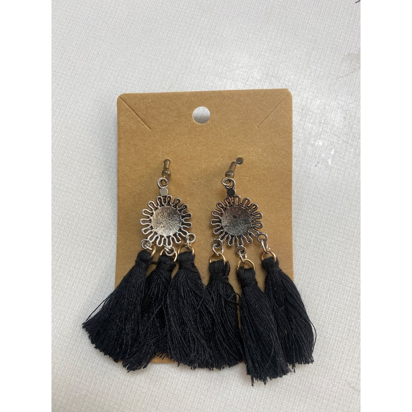 New Handmade Fan Tassel Silver Sun Earrings Boho Jewelry Black Thread