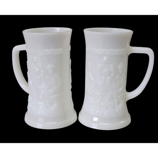 Federal Milk Glass Beer Steins Pair Tavern Scene Relief 6 " Vintage Mugs
