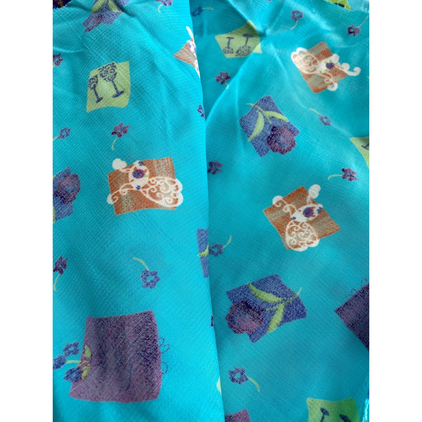 Vintage Turquoise Abstract Silky Polyester Fabric 56" W x 43" L