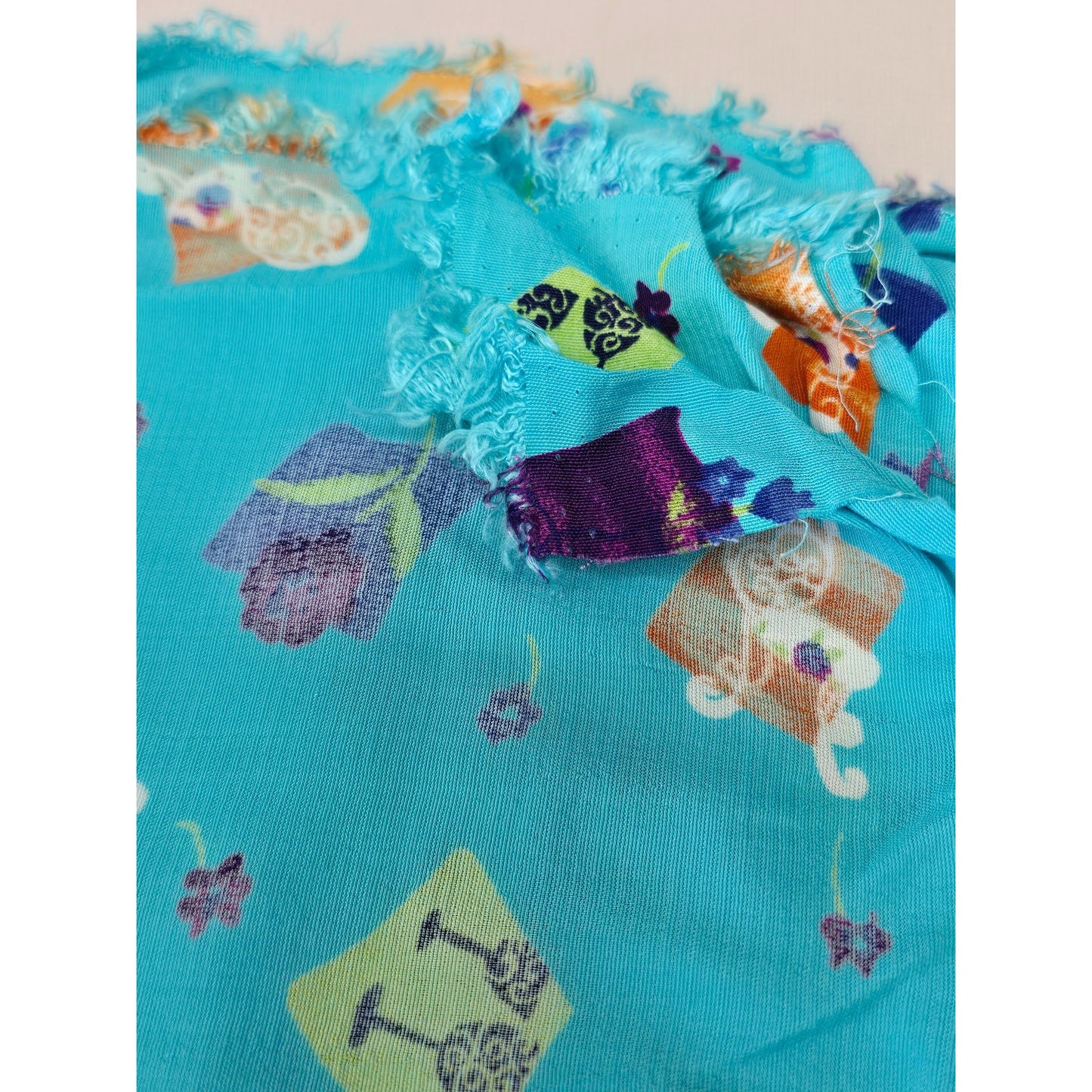 Vintage Turquoise Abstract Silky Polyester Fabric 56" W x 43" L