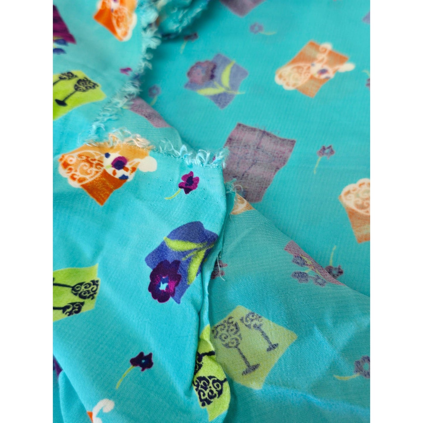 Vintage Turquoise Abstract Silky Polyester Fabric 56" W x 43" L