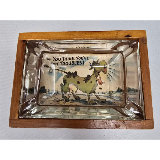 Vintage Wood Glass Ashtray Holder Cow Postcard Insert Lake Superior Ashland WI