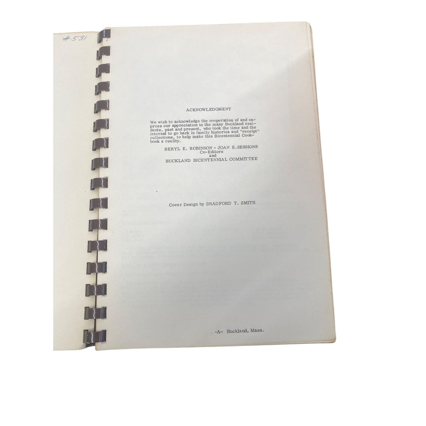 Buckland Massachusetts Bicentennial Cookbook 1779-1979 Spiral-Bound First Edition