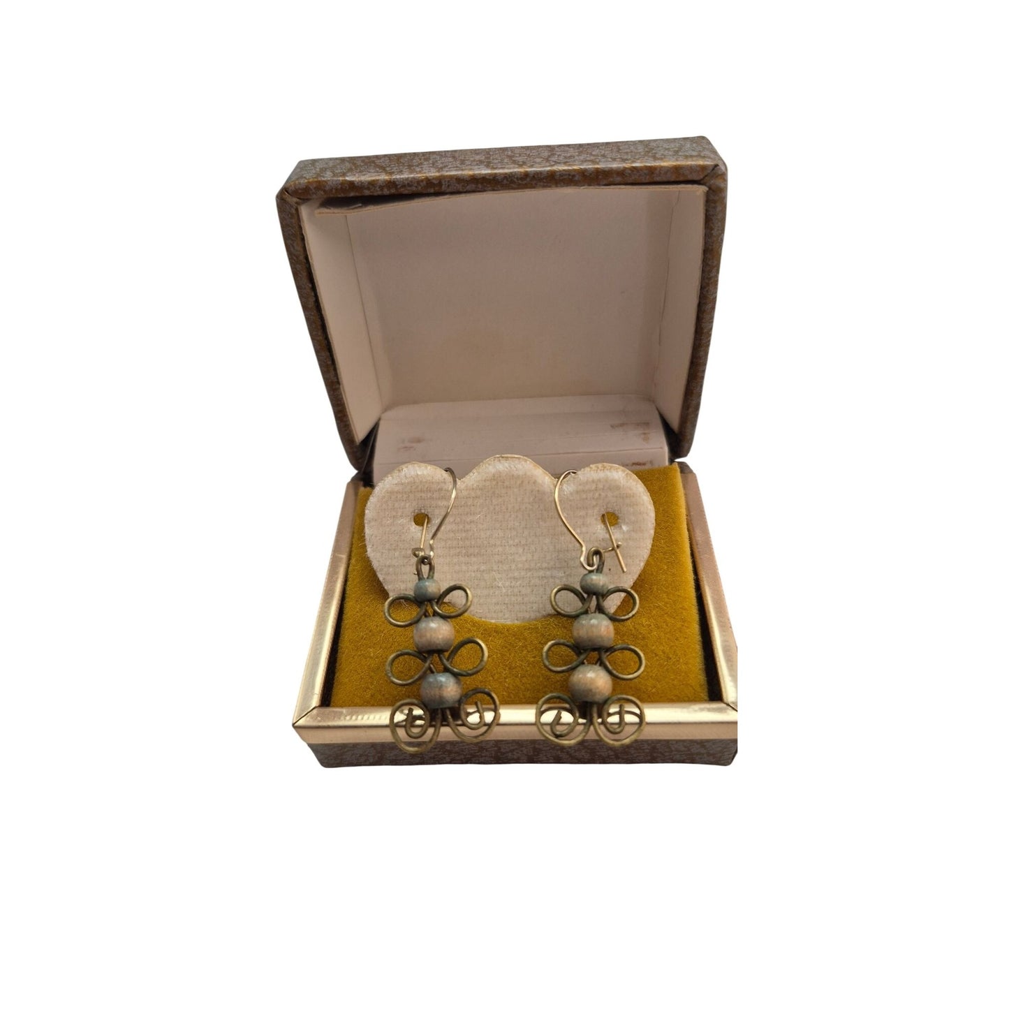 Vintage Brass & Wood Beaded Dangle Earrings