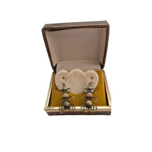 Vintage Brass & Wood Beaded Dangle Earrings