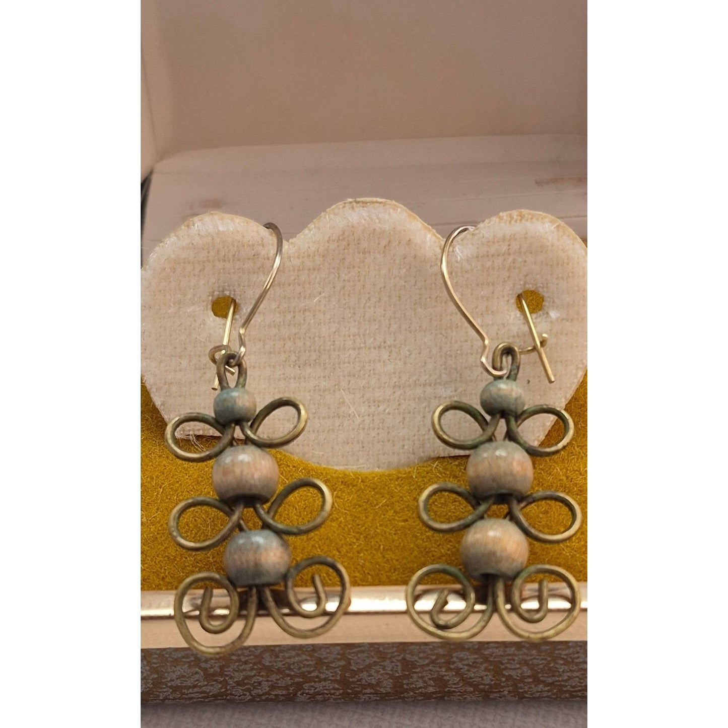 Vintage Brass & Wood Beaded Dangle Earrings