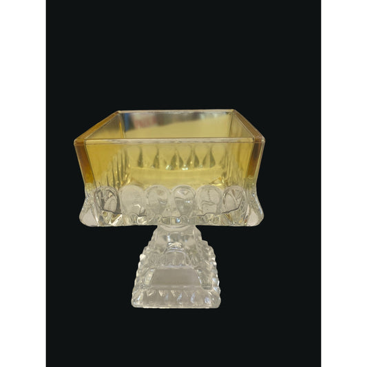 Vintage Amber & Clear Glass Pedestal Compote Dish
